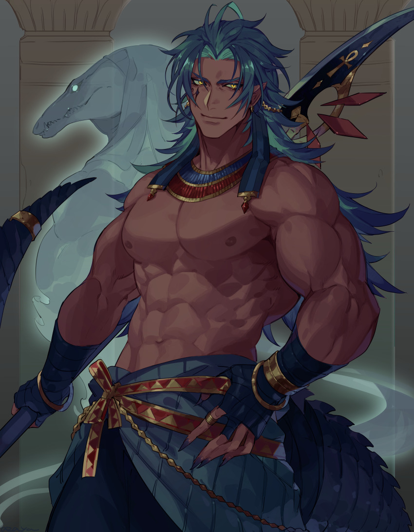 2boys, abs, absurdres, ancient_egyptian, ancient_egyptian_clothes, ankh, azaya_(kuroi_azaya), bandaged_hand, bandages, black_tail, blue_hair, crocodile, crocodilian, crocodilian_tail, dark-skinned_male, dark_skin, egyptian_mythology, eye_of_horus, facial_tattoo, fingernails, glowing, glowing_eyes, gold, green_hair, highres, holding, holding_behind_back, holding_weapon, holding_weapon_behind_back, indie_virtual_youtuber, jewelry, long_hair, looking_at_viewer, male_focus, multicolored_hair, multiple_boys, muscular, muscular_male, pectorals, personification, pointy_ears, polearm, seto_sobek_(vtuber), sharp_fingernails, smirk, sobek_(mythology), spear, spiked_hair, spirit, standing, tail, tail_ornament, tattoo, topless_male, two-tone_hair, usekh_collar, virtual_youtuber, weapon