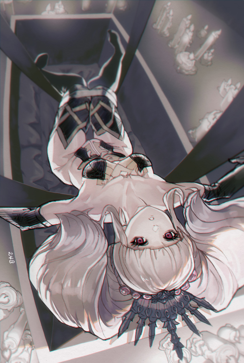 1girl, bare_shoulders, bimel_isabella, black_thighhighs, bound, bound_legs, breasts, colored_skin