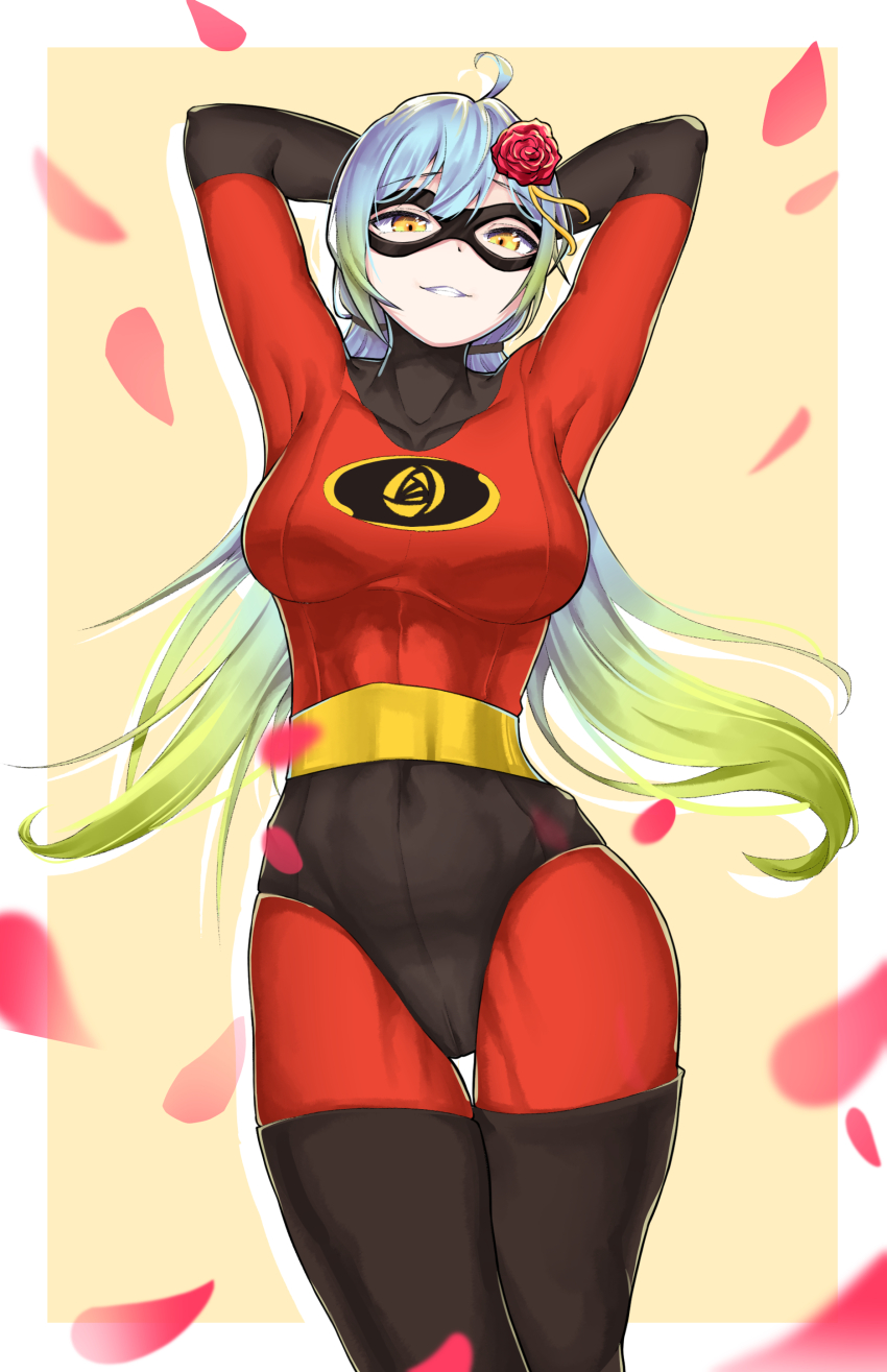 1girl, absurdres, blue_hair, bodysuit, border, breasts, colored_tips, cosplay, cowlick, domino_mask, elastigirl, elastigirl_(cosplay), eye_mask, green_hair, gyeon_jahee, highres, indie_virtual_youtuber, kim_chelswuchelswu, korean_commentary, long_hair, looking_at_viewer, mask, medium_breasts, multicolored_hair, orange_eyes, outside_border, parted_lips, red_bodysuit, the_incredibles, very_long_hair, virtual_youtuber, white_border, yellow_background