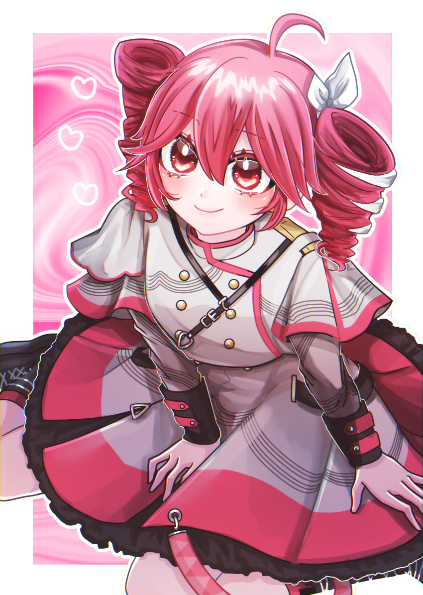 1girl, absurdres, black_boots, blush, boots, border, brown_eyes, commentary, cowlick, drill_hair, grey_shirt, grey_skirt, hair_between_eyes, hair_ribbon, heart, highres, iron'na_namae, kasane_teto, kasane_teto_(sv), long_sleeves, looking_up, multicolored_hair, outside_border, pink_background, ribbon, shirt, sitting, skirt, smile, solo, streaked_hair, synthesizer_v, twin_drills, twintails, utau, wariza, white_border, white_ribbon