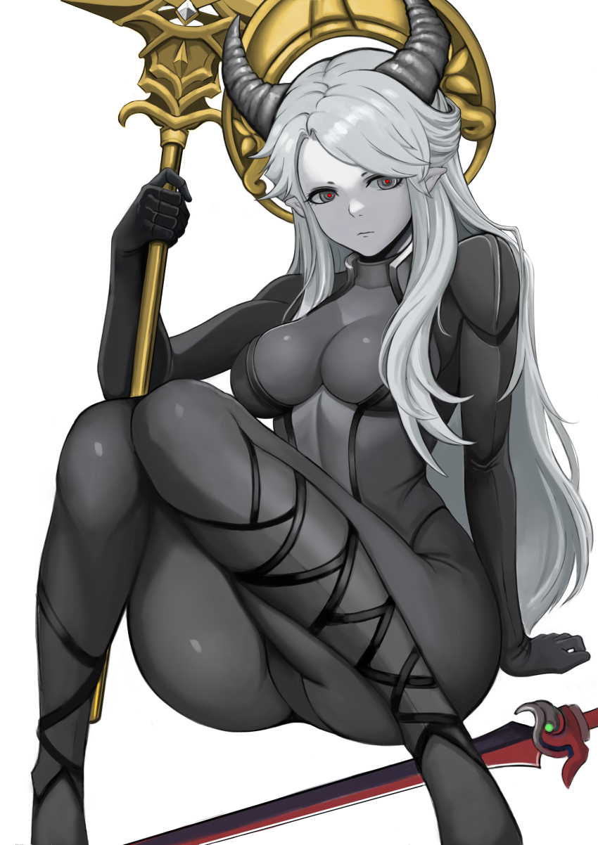 1girl, absurdres, black_bodysuit, black_horns, bodysuit, breasts, closed_mouth, fear_&amp;_hunger, fear_&amp;_hunger_2:_termina, grey_eyes, grey_hair, halo, halo_behind_head, highres, hodan_(ccvh4333), holding, holding_polearm, holding_weapon, horns, long_hair, medium_breasts, pointy_ears, polearm, red_pupils, sidelocks, simple_background, sitting, solo, spear, swept_bangs, sword, the_heartless_one_(fear_&amp;_hunger), weapon, white_background