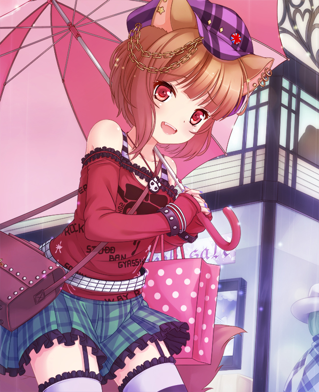 1girl, animal_ear_piercing, animal_ears, bag, bare_shoulders, belt, blue_shorts, bracelet