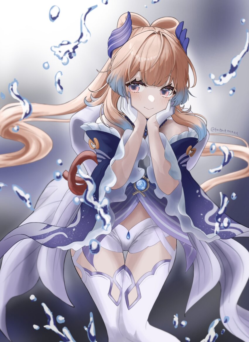 1girl, :>, alternate_hair_color, blue_hair, blush, bow-shaped_hair, brown_hair, colored_tips, genshin_impact, gloves, grey_shorts, grey_thighhighs, hands_on_own_cheeks, hands_on_own_face, highres, multicolored_hair, pink_eyes, sangonomiya_kokomi, short_shorts, shorts, smile, solo, tanu_shigureni, thighhighs, twitter_username, vision_(genshin_impact), water, white_gloves