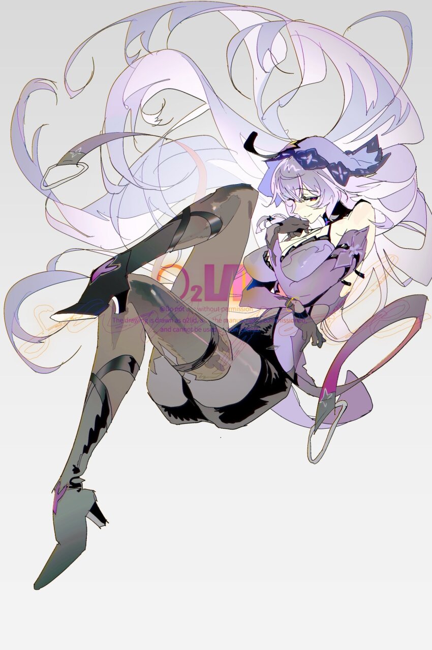 1girl, black_swan_(honkai:_star_rail), dress, elbow_gloves, full_body, gloves, hair_spread_out, high_heels