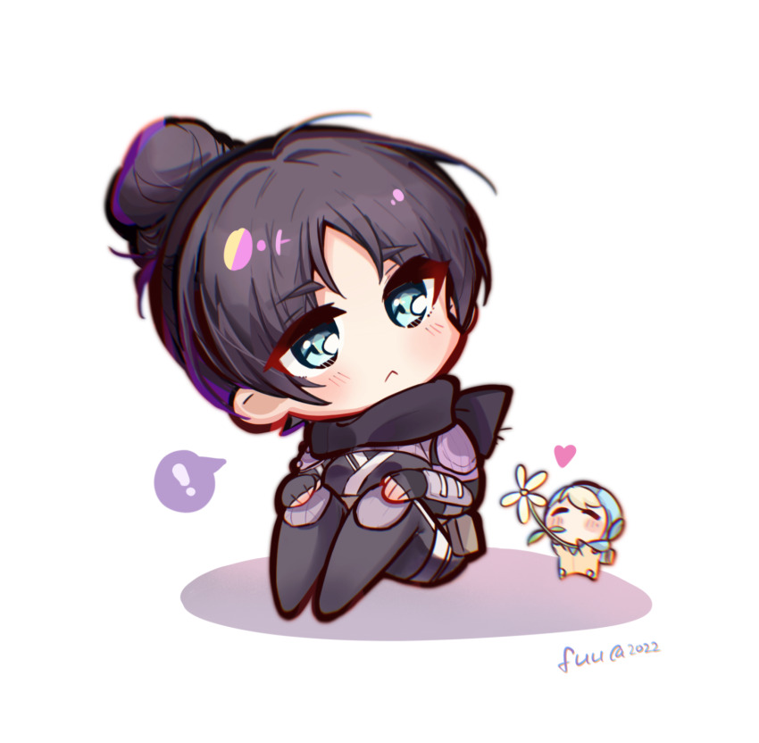 !, 2girls, :<, ^_^, animification, apex_legends, black_bodysuit, black_gloves