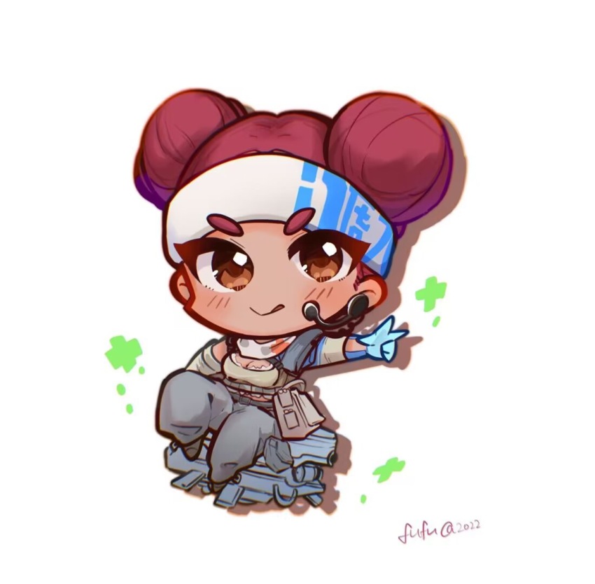 2022, animification, apex_legends, black_footwear, black_pants, blue_gloves, blush, brown_tank_top, chibi, chinese_commentary, d.o.c._health_drone, dark-skinned_female, dark_skin, detached_sleeves, double_bun, earpiece, gloves, grey_hairband, hair_bun, hairband, jianye, licking_lips, lifeline_(apex_legends), looking_at_viewer, mask, mask_around_neck, non-humanoid_robot, pants, red_hair, robot, shadow, sitting, smile, tank_top, tongue, tongue_out, v, v-shaped_eyebrows