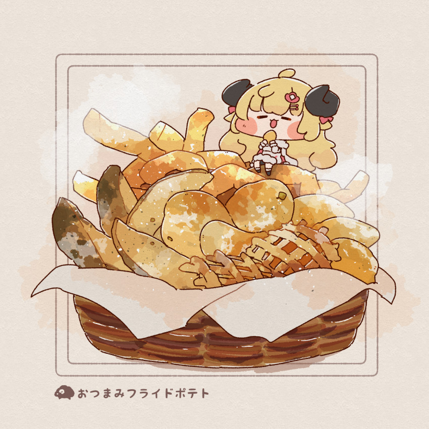 ameya_(kappadoll), basket, black_horns, blonde_hair, blush_stickers, chibi, closed_eyes, curled_horns