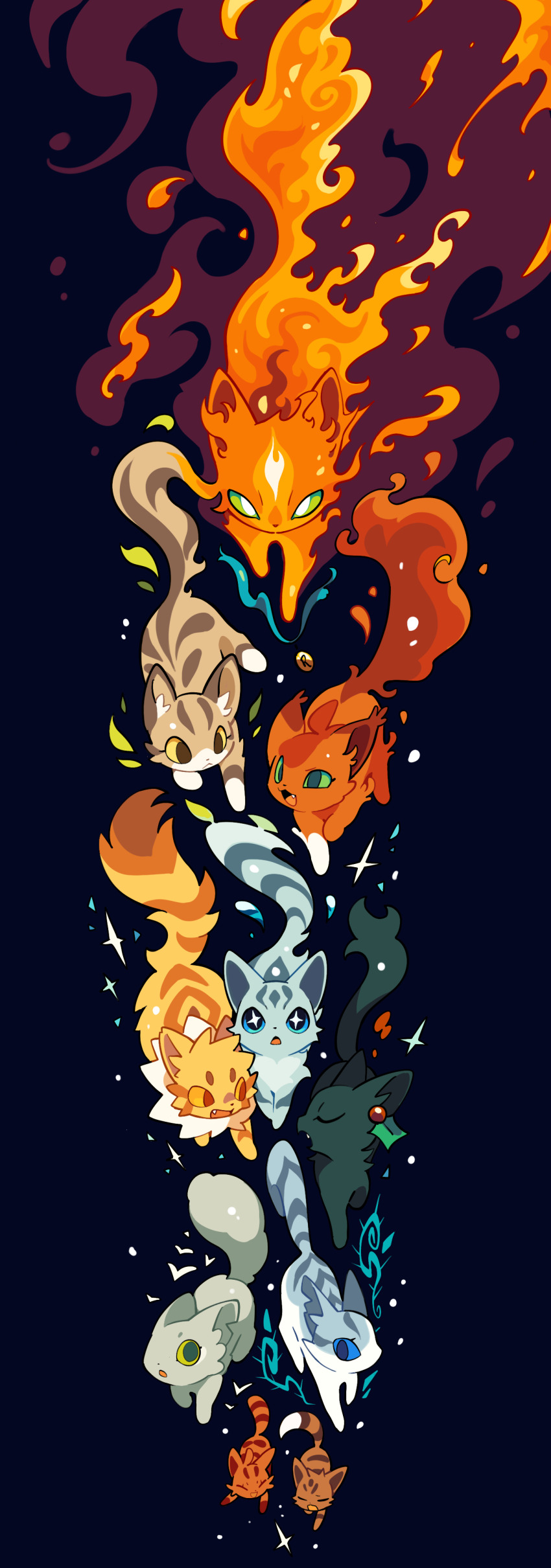 a_vision_of_shadows, absurdres, alderheart, animal, animal_focus, baby_animal, black_background, blue_eyes, brown_eyes, cat, chibi, chinese_commentary, closed_eyes, commentary_request, dovewing, everyone, fire, firestar_(warrior_cats), green_eyes, hair_ornament, highres, holly, holly_hair_ornament, hollyleaf, ivypool, jayfeather, kitten, leaf, leafpool, lionblaze, no_humans, omen_of_the_stars, power_of_three, rehtaef, sparkling_eyes, sparkpelt, squirrelflight, star_(symbol), the_new_prophecy, warrior_cats