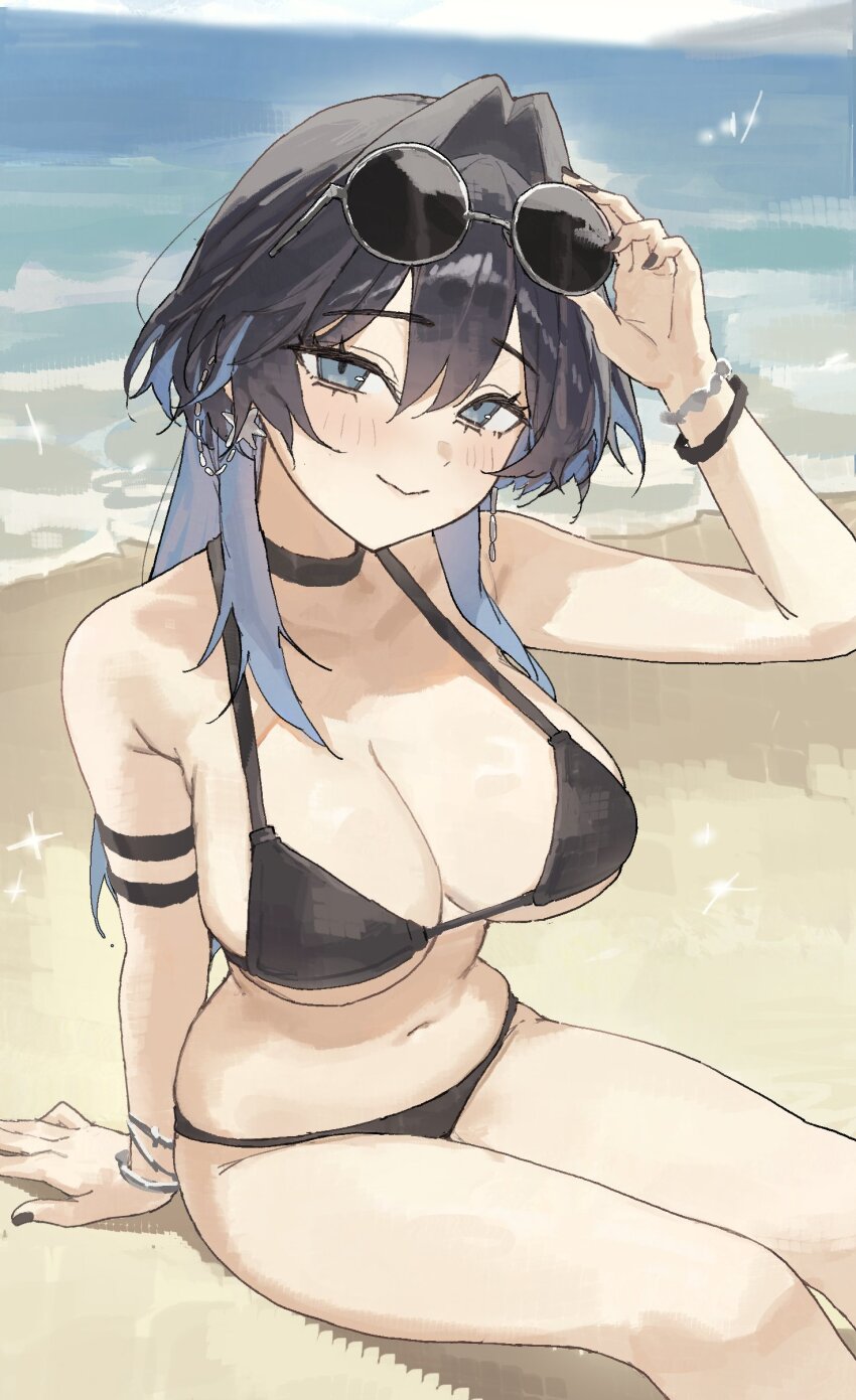 absurdres, arch_05x, bare_shoulders, beach, bikini, black_hair, blue_hair, bracelet