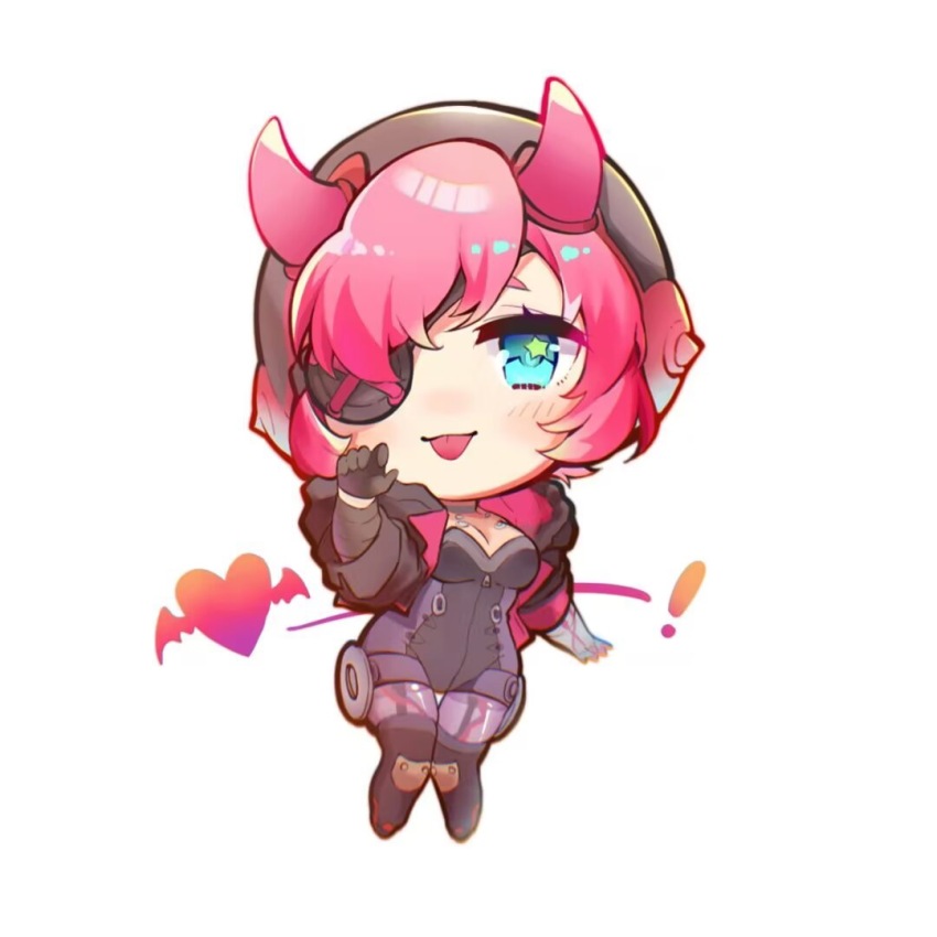 !, 1girl, animification, apex_legends, black_bodysuit, black_gloves, blush, bodysuit, breasts, chibi, chinese_commentary, cleavage, cyber_punked_wattson, eyepatch, gloves, heart, jianye, mechanical_arms, mechanical_legs, medium_breasts, official_alternate_costume, one_eye_covered, single_glove, single_mechanical_arm, smile, solo, star_(symbol), star_in_eye, symbol_in_eye, tongue, tongue_out, wattson_(apex_legends)