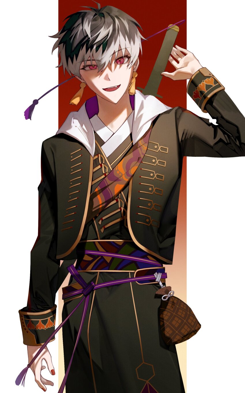1boy, absurdres, black_hair, black_jacket, black_kimono, commentary_request, cowboy_shot, earrings, fang, hair_between_eyes, highres, hood, hood_down, hooded_jacket, idolish7, jacket, japanese_clothes, jewelry, kimono, kng_roo, korean_commentary, long_sleeves, looking_at_viewer, male_focus, momo_(idolish7), multicolored_hair, open_clothes, open_jacket, open_mouth, red_eyes, red_nails, sleeve_cuffs, slit_pupils, smile, solo, tassel, tassel_earrings, two-sided_hood, two-tone_hair, uneven_eyes, white_hair