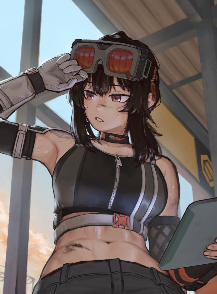 1girl, absurdres, armpits, bare_shoulders, belt, black_hair, black_pants, breasts