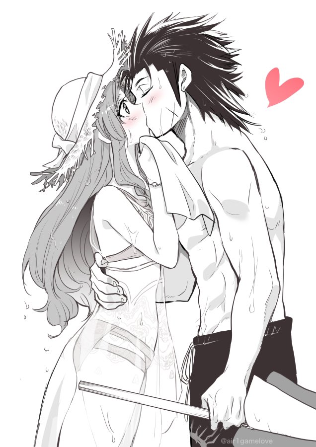 1boy, 1girl, aerith_gainsborough, aerith_gainsborough_(sunny_robe), aozora_airu, bare_shoulders, beach_umbrella, bikini