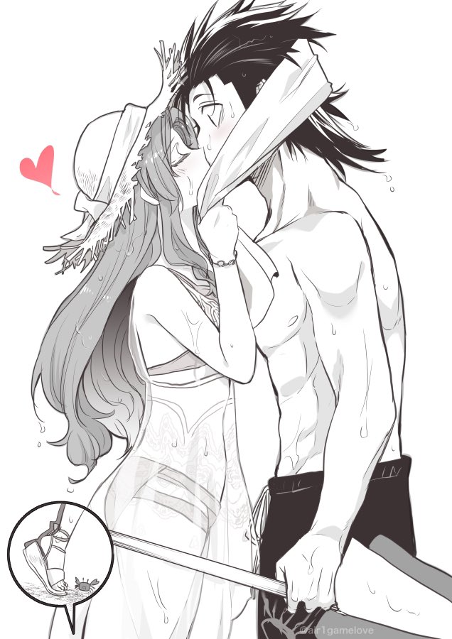 1boy, 1girl, aerith_gainsborough, aerith_gainsborough_(sunny_robe), aozora_airu, bare_shoulders, beach_umbrella, bikini, commentary_request, couple, cowboy_shot, facing_another, final_fantasy, final_fantasy_vii, final_fantasy_vii:_ever_crisis, from_side, greyscale, hat, heart, height_difference, hetero, holding, holding_towel, holding_umbrella, kiss, light_blush, long_hair, looking_at_another, male_swimwear, monochrome, official_alternate_costume, profile, sandals, short_hair, sidelocks, simple_background, spiked_hair, spot_color, stomach, straw_hat, swim_trunks, swimsuit, tiptoe_kiss, tiptoes, toned, toned_male, topless_male, towel, towel_on_head, umbrella, wet, white_background, zack_fair, zack_fair_(tropical_beach)