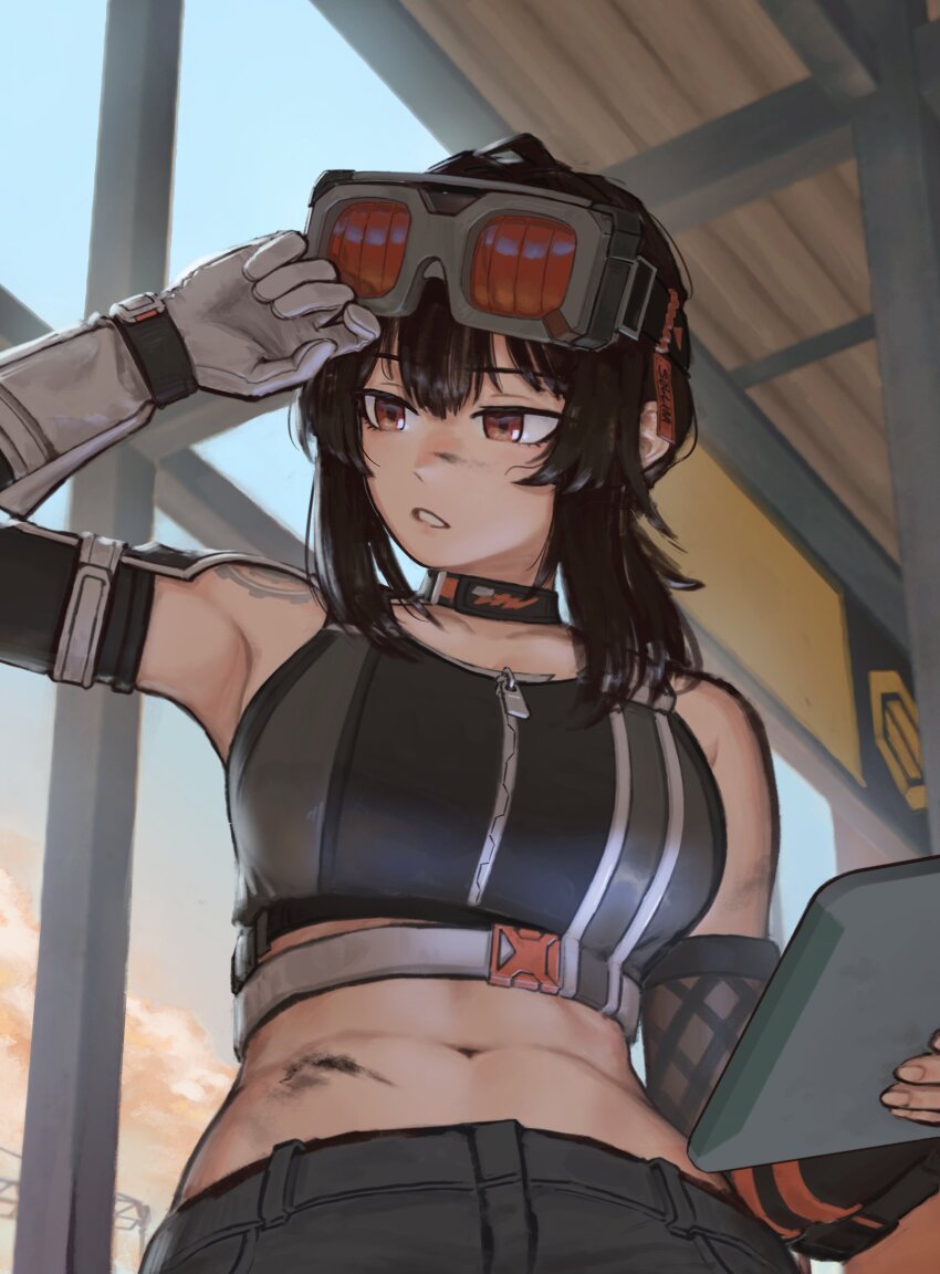 1girl, absurdres, armpits, bare_shoulders, belt, black_hair, black_pants, breasts