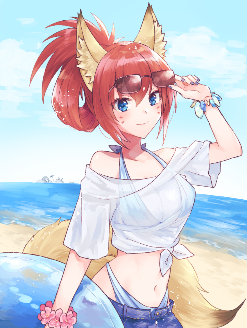 1girl, adjusting_eyewear, alternate_costume, animal_ears, bare_shoulders, beach, bikini, bikini_bottom_under_shorts
