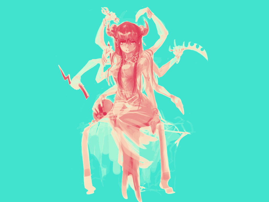 1girl, aqua_background, die_letzte_(tc), dress, extra_arms, female_focus, full_body, original