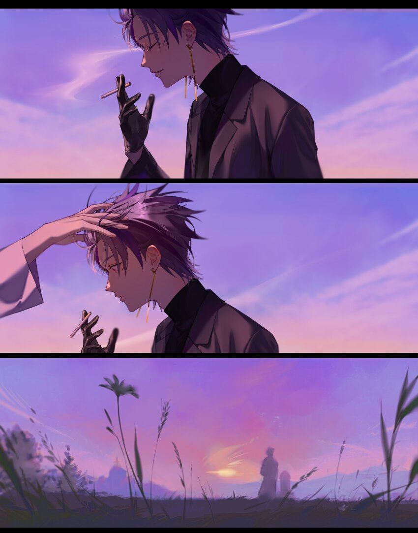 2boys, absurdres, black_gloves, black_jacket, black_sweater, cigarette, closed_eyes, closed_mouth