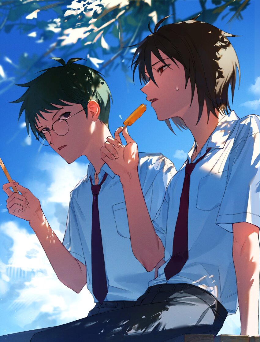 2boys, absurdres, atou_haruki, black_eyes, black_pants, blue_sky, brown_hair, collared_shirt