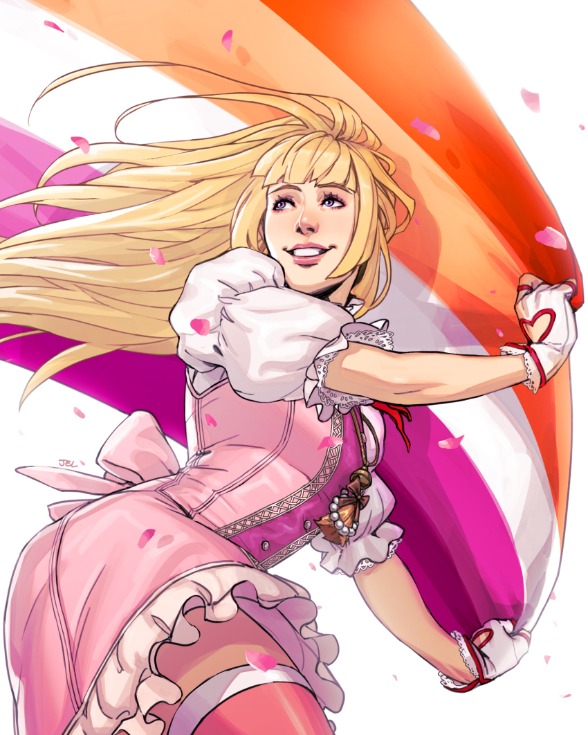 1girl, blonde_hair, blue_eyes, blunt_bangs, dress, emilie_de_rochefort, fingerless_gloves, flag, gloves, highres, hime_cut, holding, holding_flag, jelart, lesbian_flag, long_hair, pink_dress, pink_skirt, puffy_short_sleeves, puffy_sleeves, short_sleeves, simple_background, skirt, smile, solo, tekken, tekken_8, white_background, white_gloves