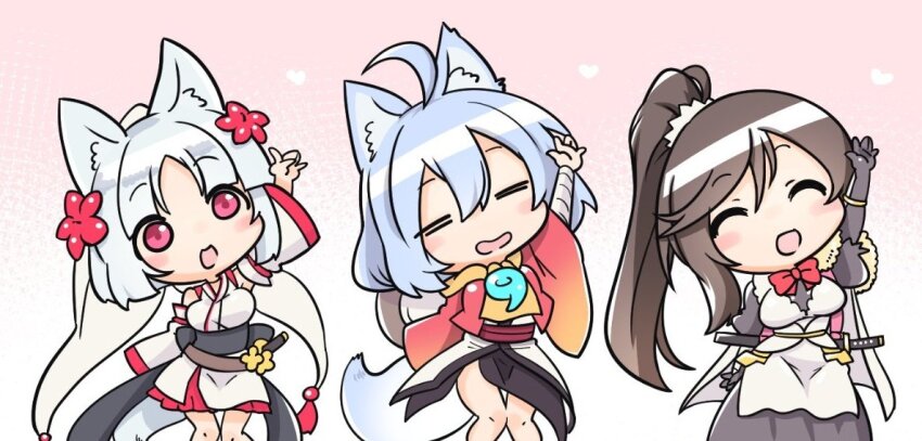 3girls, =_=, ahoge, akashi_kuniyuki_(tenka_hyakken), animal_ears, apron, bandaged_arm, bandages