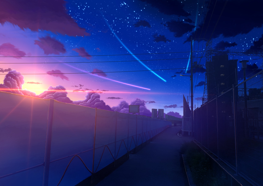 absurdres, aobara1101, building, cloud, evening, fence, highres, night