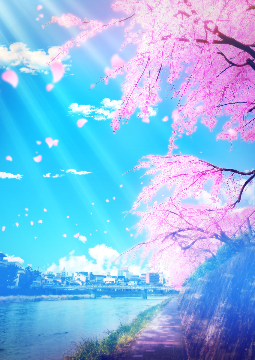 absurdres, aobara1101, blue_sky, building, canal, cherry_blossoms, city, cloud