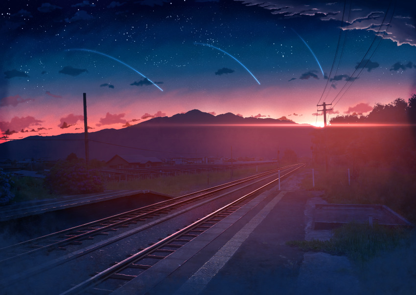 absurdres, aobara1101, building, bush, cloud, evening, gradient_sky, highres, house, mountain, night, no_humans, original, outdoors, power_lines, railroad_tracks, scenery, shooting_star, sky, star_(sky), starry_sky, sunset, tree, urban, utility_pole