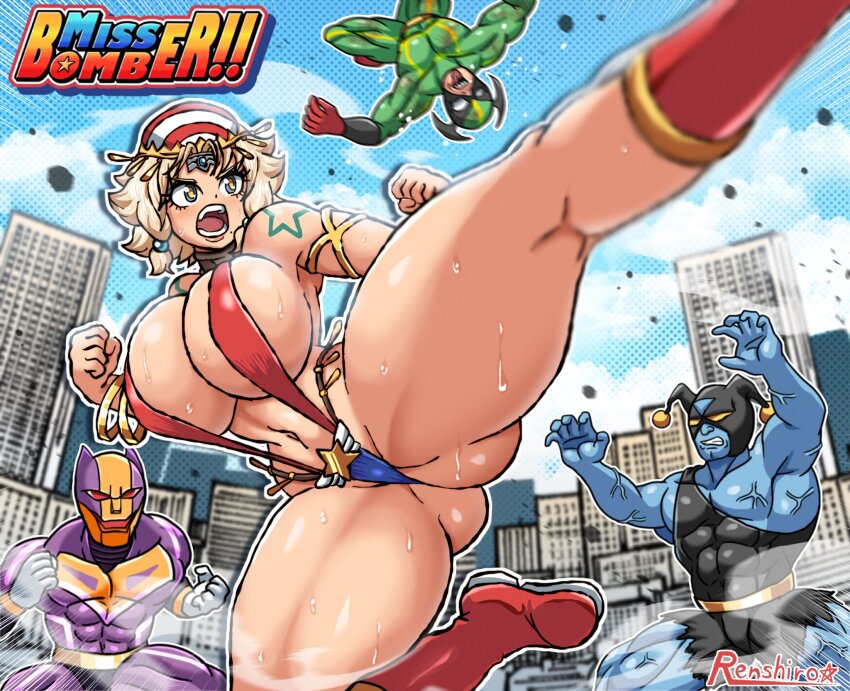 1girl, 2024, 3boys, abs, arm_tattoo, armlet, arms_up, artist_name