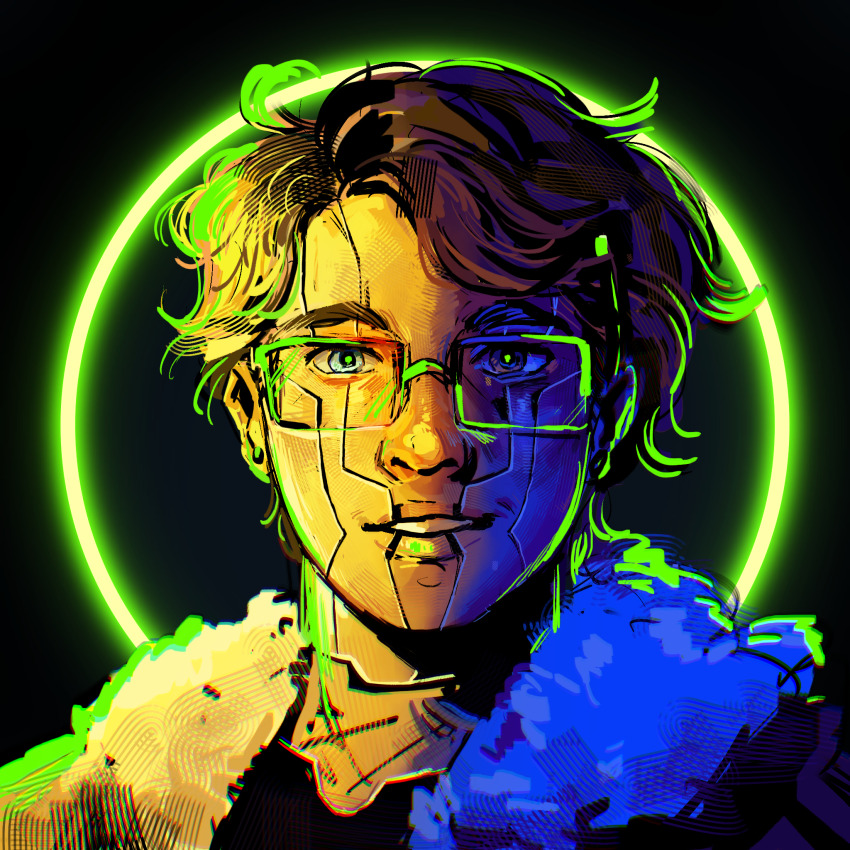 1boy, android, black_background, blue_light, brown_hair, chromatic_aberration, colored_skin, commission