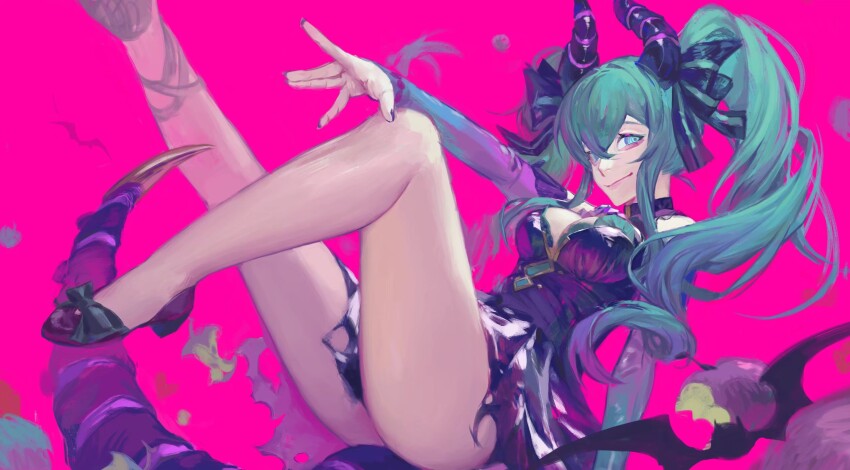 1girl, ankle_cuffs, apple, aqua_eyes, aqua_hair, bat_(animal), black_choker, black_footwear