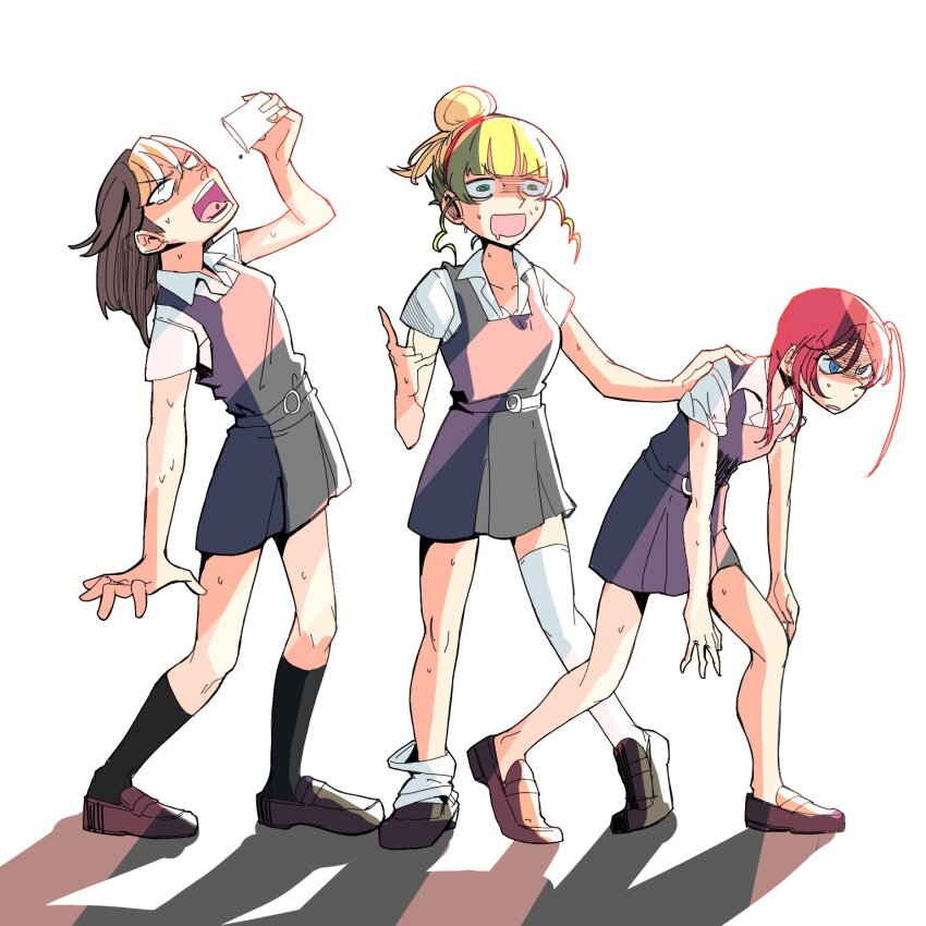 3girls, black_socks, blonde_hair, blue_eyes, blunt_bangs, brown_footwear, catchu!_(love_live!), collared_shirt