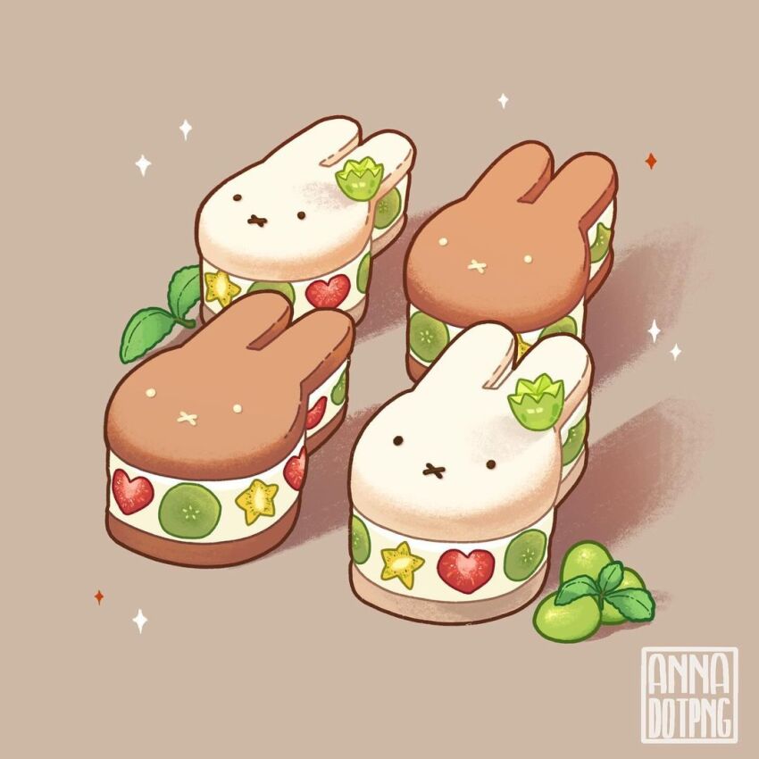 animal-themed_food, annadotpng, artist_name, brown_background, commentary, english_commentary, food, food_focus, fruit, heart, ice_cream, ice_cream_sandwich, kiwi_(fruit), kiwi_slice, leaf, no_humans, original, rabbit, shadow, sparkle, starfruit, strawberry, strawberry_slice, watermark