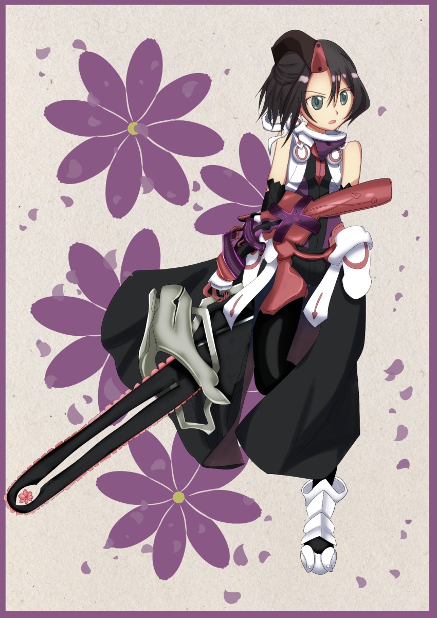 1girl, armor, bare_shoulders, black_hair, blue_eyes, border, chainsaw, chainsword