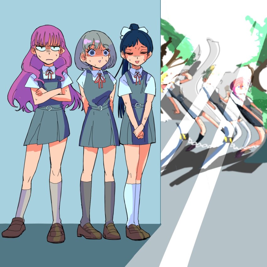 6+girls, arms_behind_back, black_hair, blunt_bangs, brown_footwear, catchu!_(love_live!), closed_eyes, collared_shirt, commentary_request, contrapposto, crossed_arms, dress, full_body, grey_dress, grey_hair, grey_socks, hazuki_ren, heanna_sumire, highres, kaleidoscore_(love_live!), kneehighs, loafers, long_hair, love_live!, love_live!_superstar!!, mondashi0223, multiple_girls, neck_ribbon, open_mouth, parted_lips, pinafore_dress, pink_hair, ponytail, red_ribbon, ribbon, ringed_eyes, school_uniform, shade, shaded_face, shibuya_kanon, shirt, shoes, short_hair, short_sleeves, sleeveless, sleeveless_dress, socks, standing, summer_uniform, sweat, tang_keke, white_shirt, white_socks, wien_margarete, yoneme_mei, yuigaoka_school_uniform