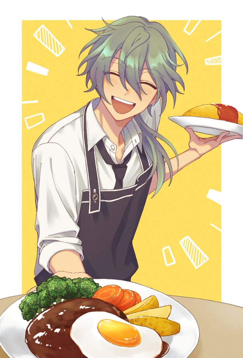 1boy, :d, ^_^, apron, black_apron, border, broccoli, carrot