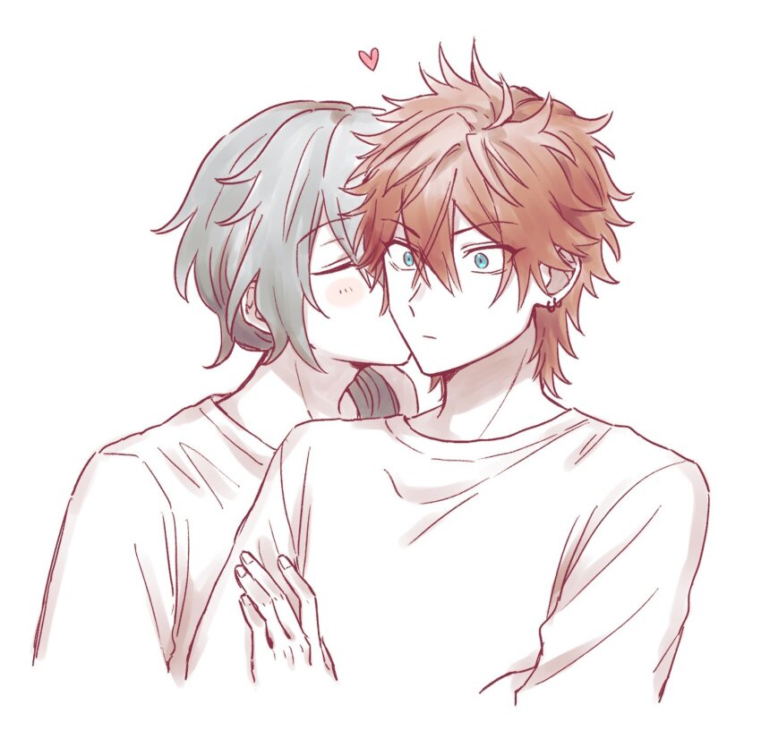 2boys, amagi_rinne, closed_eyes, closed_mouth, commentary, constricted_pupils, cropped_arms, cropped_torso