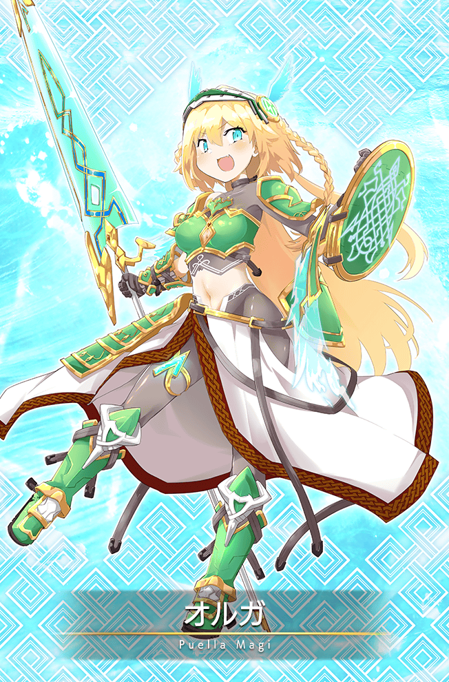 1girl, armor, armored_boots, belt, black_gloves, blonde_hair, blue_background, blue_eyes