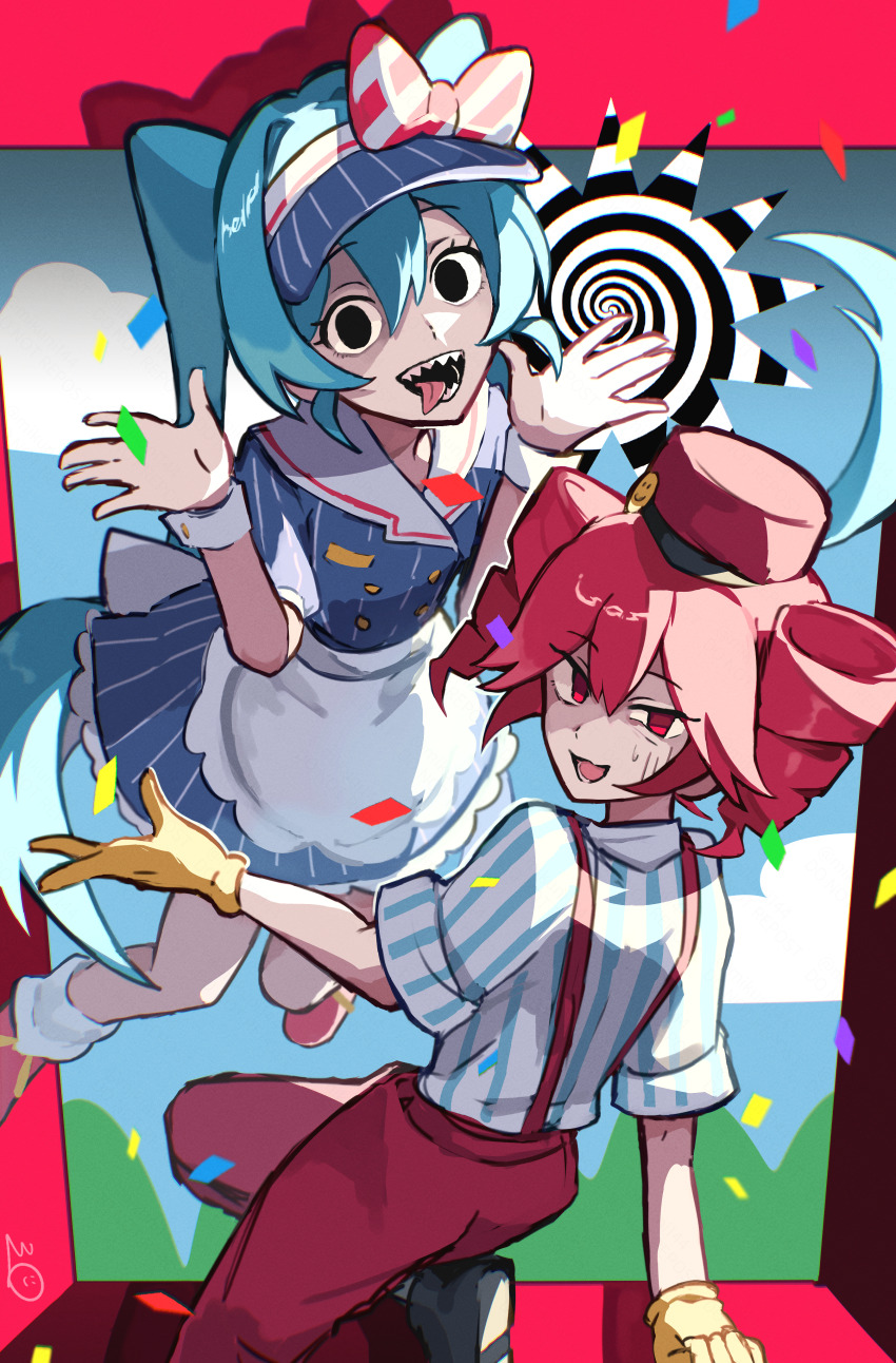 2girls, absurdres, apron, aqua_hair, black_eyes, black_mouth, blue_dress, blue_sky