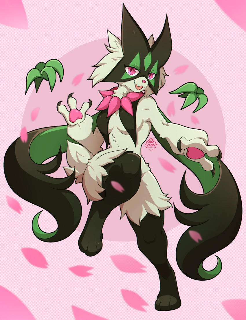 artist_name, auveiss, black_fur, cherry_blossoms, claws, full_body, green_fur, highres