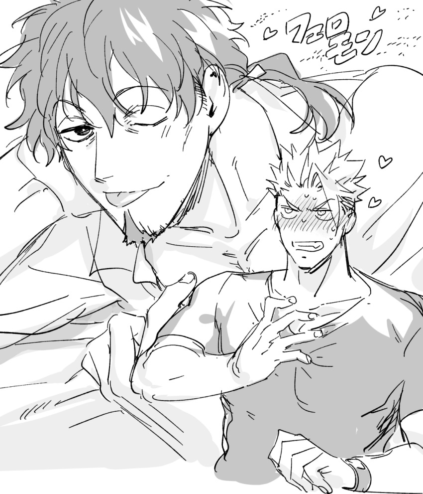 2boys, achilles_(fate), bara, blush, collarbone, facial_hair, fate/grand_order, fate_(series)