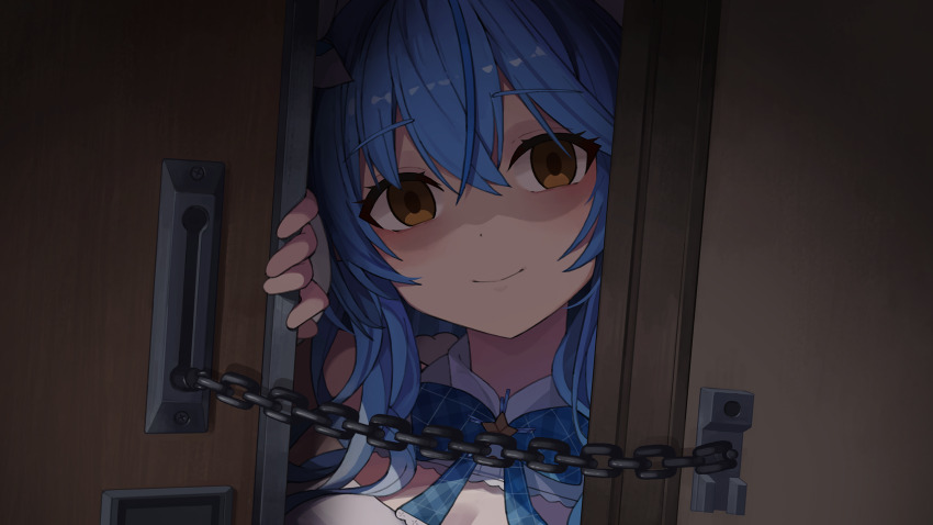 1girl, blue_hair, brown_eyes, close-up, dark, door, door_lock, empty_eyes