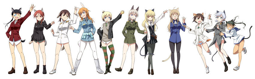 501st_joint_fighter_wing, 6+girls, absurdres, agahari, animal_ears, bespectacled, black_hair, black_pantyhose, blonde_hair, blue_eyes, blush, boots, brown_hair, cat_ears, cat_tail, charlotte_e._yeager, charlotte_e_yeager_(cosplay), closed_eyes, cosplay, costume_switch, eila_ilmatar_juutilainen, eila_ilmatar_juutilainen_(cosplay), erica_hartmann, erica_hartmann_(cosplay), everyone, eyepatch, fangs, fox_ears, francesca_lucchini, francesca_lucchini_(cosplay), gertrud_barkhorn, gertrud_barkhorn_(cosplay), glasses, green_eyes, highres, legs, long_hair, long_image, lynette_bishop, lynette_bishop_(cosplay), military, military_uniform, minna-dietlinde_wilcke, minna-dietlinde_wilcke_(cosplay), miyafuji_yoshika, miyafuji_yoshika_(cosplay), multiple_girls, necktie, no_socks, panties, panties_under_pantyhose, pantyhose, perrine_h._clostermann, perrine_h_clostermann_(cosplay), rabbit_ears, rabbit_girl, rabbit_tail, red_eyes, red_hair, sakamoto_mio, sakamoto_mio_(cosplay), sanya_v._litvyak, sanya_v_litvyak_(cosplay), school_uniform, serafuku, short_hair, silver_hair, smile, strike_witches, striped_clothes, striped_panties, tail, thighhighs, twintails, underwear, white_pantyhose, wide_image, world_witches_series, yellow_eyes