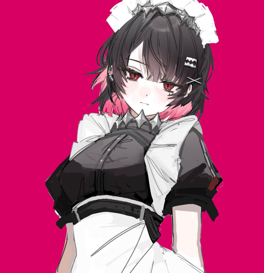 1girl, absurdres, apron, black_dress, black_hair, breasts, colored_inner_hair, commentary_request, diamond_hairband, dress, ellen_joe, hair_ornament, highres, looking_at_viewer, maid, maid_headdress, medium_breasts, mole, mole_under_eye, multicolored_hair, okchun, pink_hair, puffy_short_sleeves, puffy_sleeves, red_background, red_eyes, short_hair, short_sleeves, simple_background, solo, upper_body, white_apron, white_headdress, x_hair_ornament, zenless_zone_zero