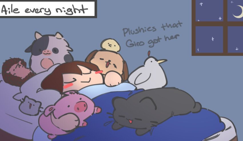 1girl, aile_(mega_man_zx), blush_stickers, brown_hair, chibi, closed_eyes, commentary, crescent_moon