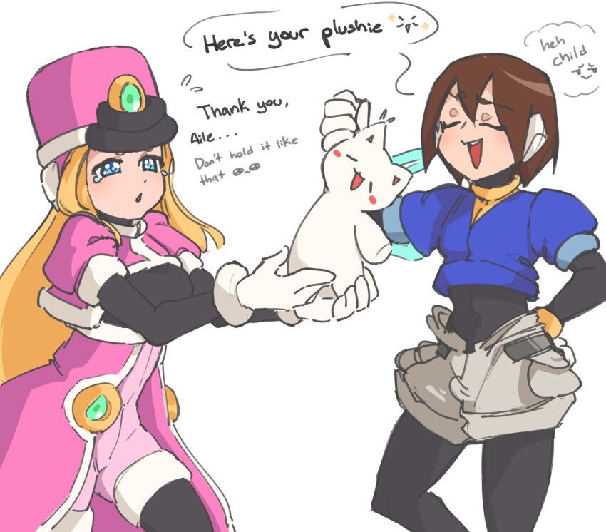 2girls, aile_(mega_man_zx), black_bodysuit, blue_eyes, blue_jacket, bodysuit, bodysuit_under_clothes, breasts, brown_hair, closed_eyes, coat, commentary, cropped_jacket, english_commentary, english_text, ghosty_entity, hat, jacket, medium_breasts, mega_man_(series), mega_man_zx, multiple_girls, pink_coat, pink_hat, prairie_(mega_man), robot_ears, shako_cap, short_hair, simple_background, stuffed_animal, stuffed_cat, stuffed_toy, tears, white_background