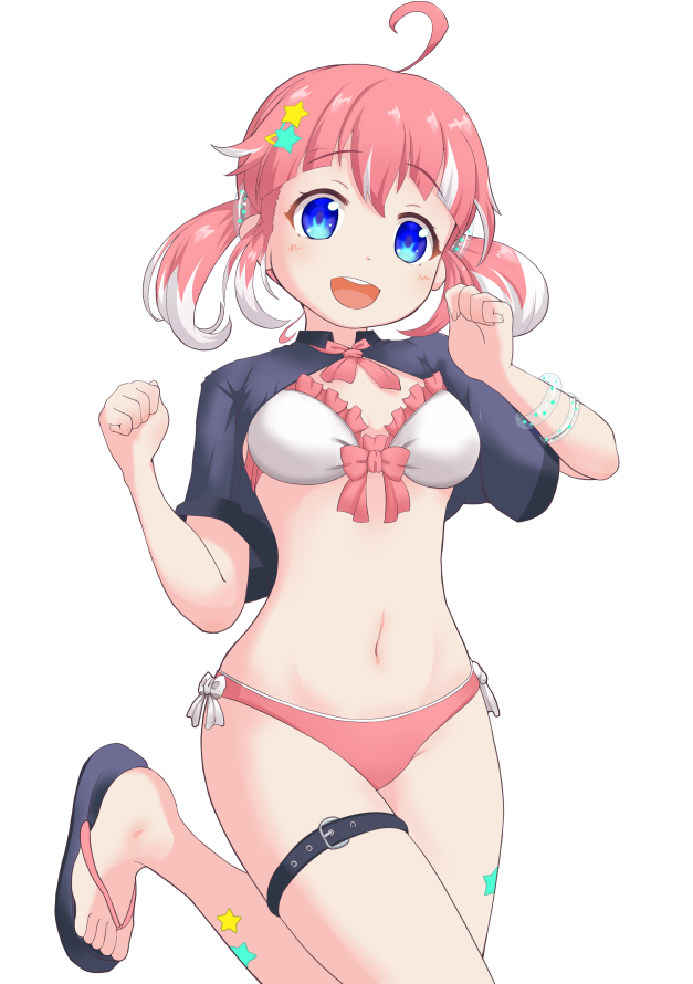 1girl, ahoge, belt, bikini, black_belt, black_shirt, blue_eyes, blunt_bangs, blush, bow, bowtie, breasts, commentary_request, flip-flops, foot_out_of_frame, foot_up, frilled_bikini, frills, hair_ornament, hairclip, kisaki_anko, kokoro_sorueki, long_hair, looking_at_viewer, low_twintails, mismatched_bikini, nanashi_inc., navel, open_mouth, pink_bikini, pink_bow, pink_bowtie, pink_hair, round_teeth, sandals, shirt, short_hair, short_sleeves, shrug_(clothing), simple_background, small_breasts, smile, solo, star_(symbol), star_hair_ornament, swimsuit, teeth, thigh_belt, thigh_strap, transparent_background, twintails, upper_teeth_only, very_long_hair, virtual_youtuber, white_bikini