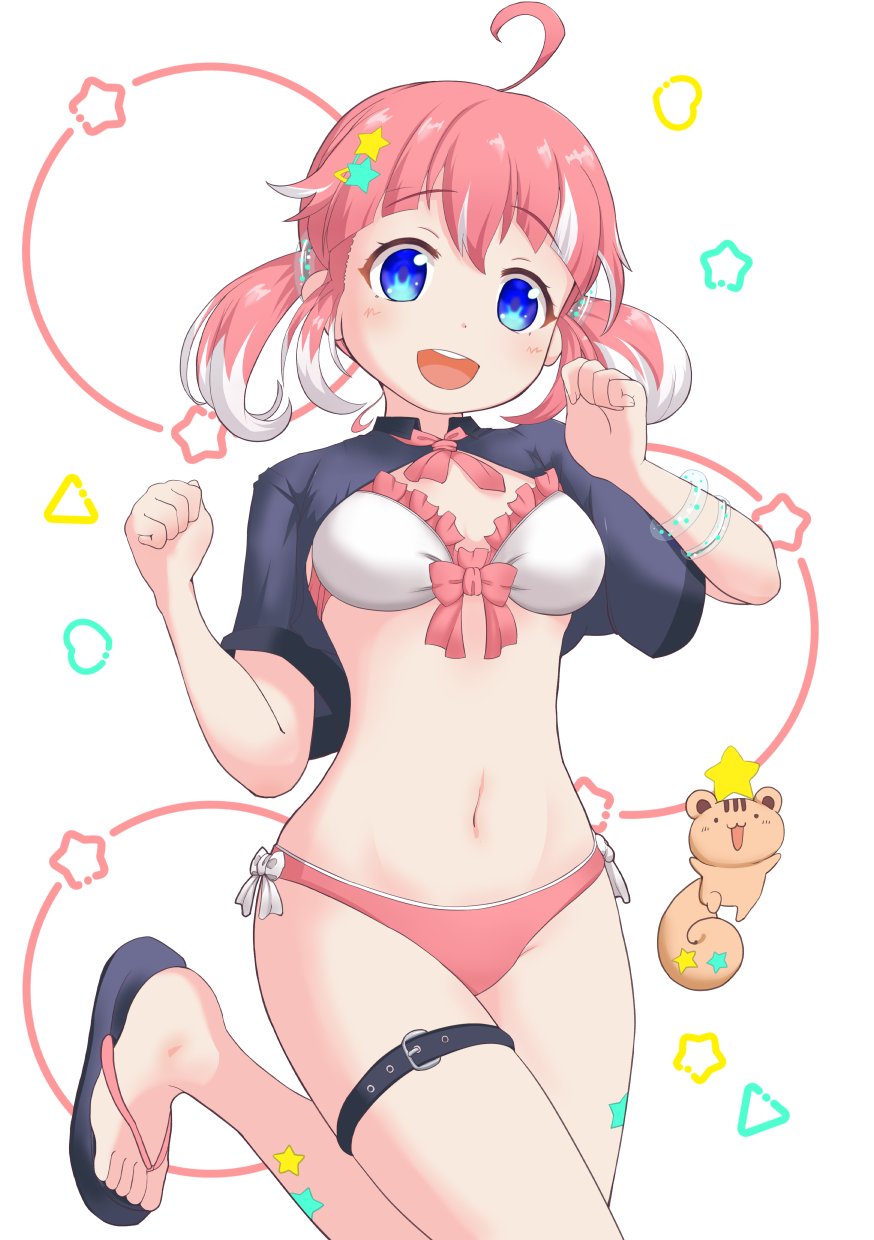 1girl, ahoge, belt, bikini, black_belt, black_shirt, blue_eyes, blunt_bangs, blush, bow, bowtie, breasts, chipmunk, commentary_request, flip-flops, foot_out_of_frame, foot_up, frilled_bikini, frills, hair_ornament, hairclip, highres, kisaki_anko, kokoro_sorueki, long_hair, looking_at_viewer, low_twintails, mismatched_bikini, nanashi_inc., navel, open_mouth, pink_bikini, pink_bow, pink_bowtie, pink_hair, round_teeth, sandals, shirt, short_hair, short_sleeves, shrug_(clothing), simple_background, small_breasts, smile, solo, squirrel, star_(symbol), star_hair_ornament, swimsuit, teeth, thigh_belt, thigh_strap, twintails, upper_teeth_only, very_long_hair, virtual_youtuber, white_background, white_bikini