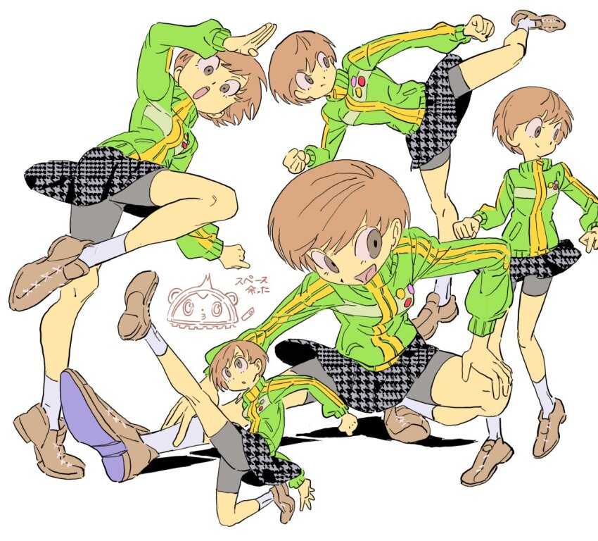 1girl, ankle_socks, atlus, badge, bike_shorts, black_skirt, brown_eyes, brown_footwear, brown_hair, button_badge, clenched_hand, doodle_inset, dot_nose, fighting_stance, green_jacket, hand_on_another's_knee, hand_up, high_kick, houndstooth, jacket, kicking, knee_up, kuma_(persona_4), leg_up, looking_to_the_side, multiple_views, open_mouth, persona, persona_4, pure_to_ma, satonaka_chie, short_hair, skirt, smile, socks, standing, stretching, tomboy, track_jacket, white_socks