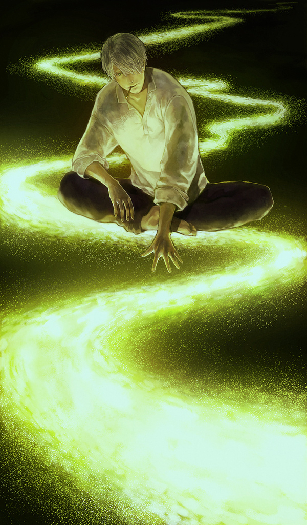 1boy, arm_rest, barefoot, black_pants, chatalaw, cigarette, collared_shirt, commentary_request